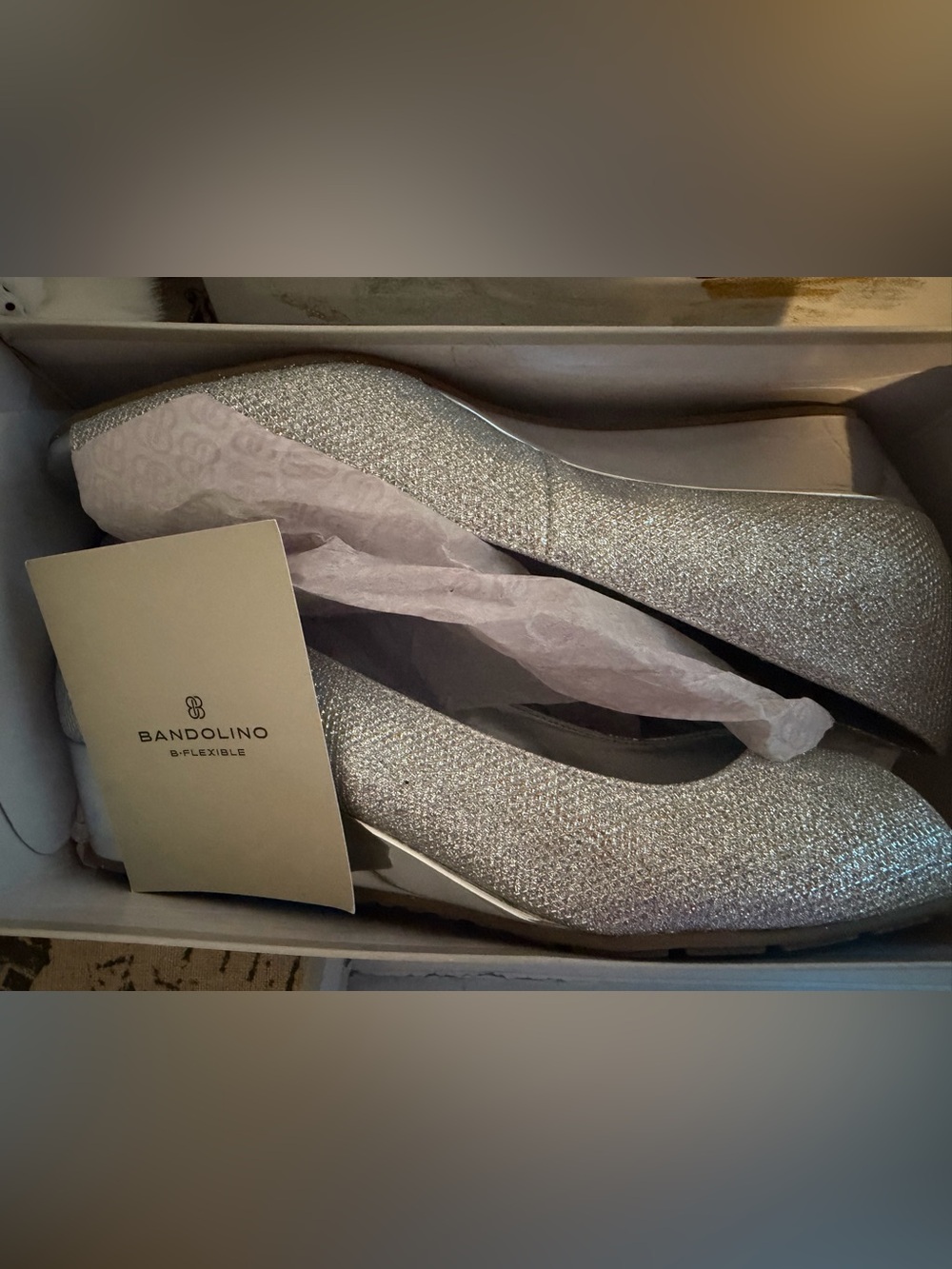 NWT Bandolino Women’s Silver Sparkle Peep-Toe Wedges - Picture 6 of 6